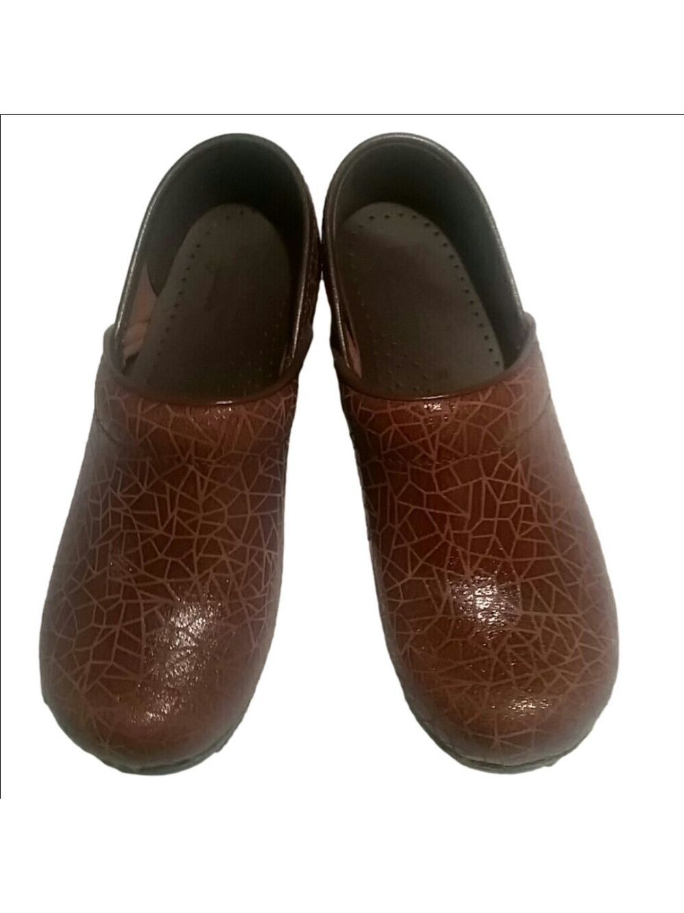 𝅺SANITA Professional Leather Clogs Euro 37 Brown Geo Print Sonny Model